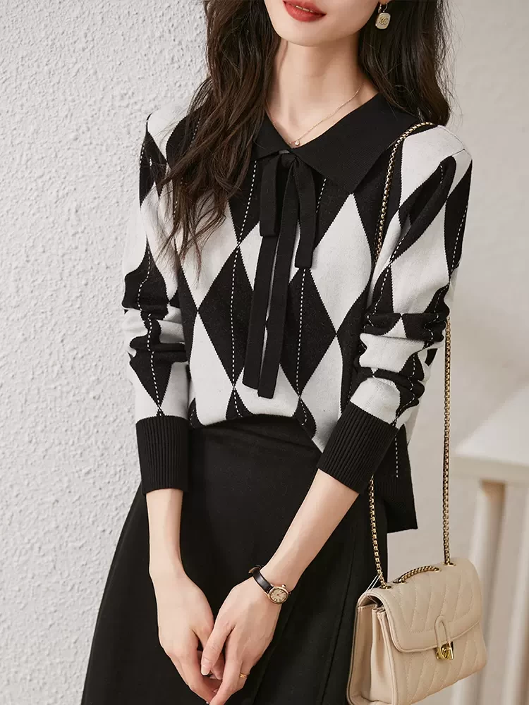 Smen Shimeng autumn new knitted sweater women's checkerboard grid black pullover tie commuter all-match top