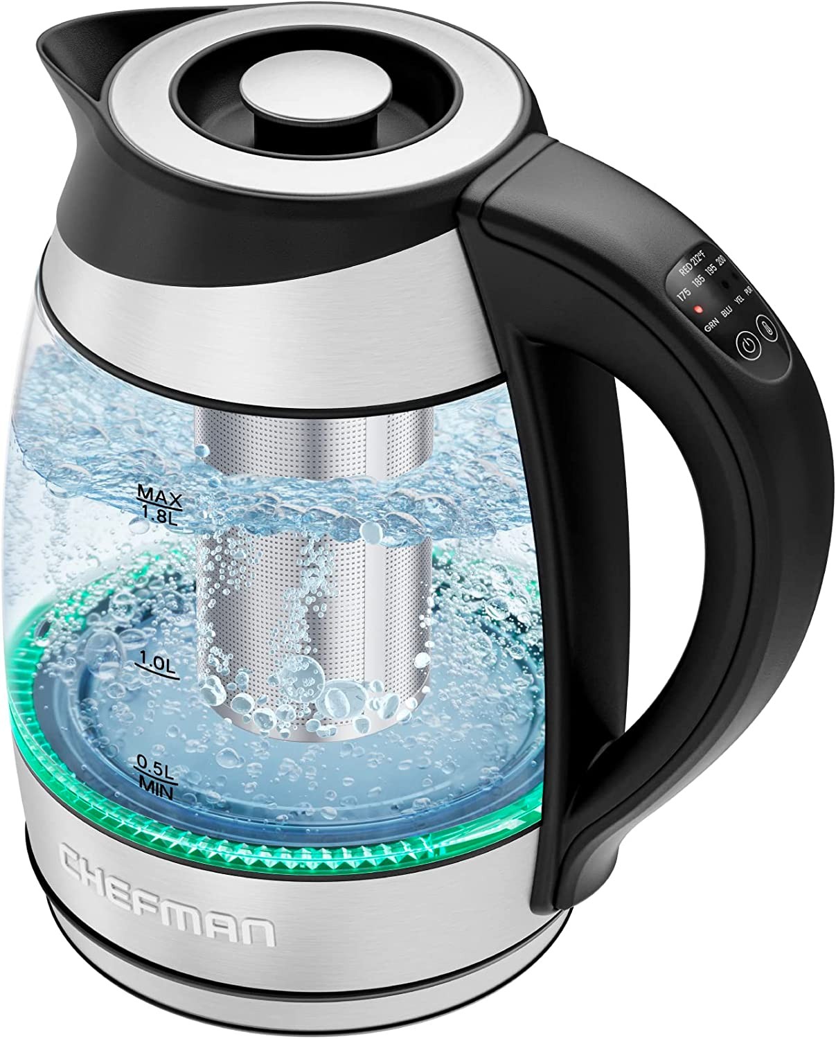 Chefman Electric Kettle with Temperature Control, 5 Presets LED Indicator Lights, Removable Tea Infuser, Glass Tea Kettle & Hot Water Boiler, 360° Swivel Base, BPA Free, Stainless Steel, 1.8 Liters