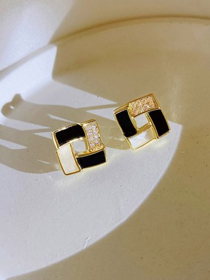 Black and white geometric earrings new trendy sterling silver niche design high-end earrings Korean temperament ear jewelry
