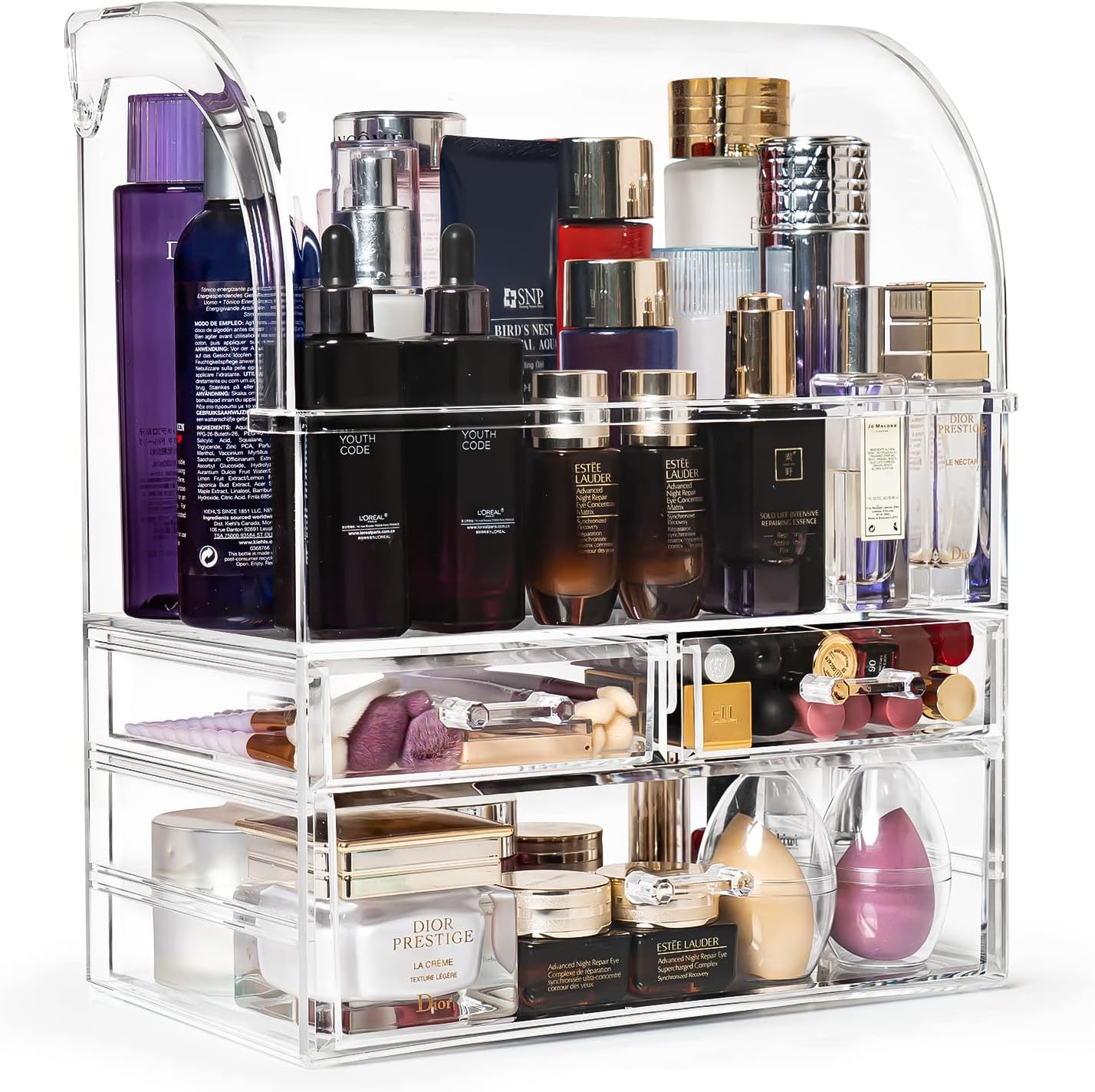 Haturi Makeup Organizer, Large Acrylic Skin Care Organizer with Lid, Dustproof and Waterproof Cosmetic Display Case with Drawers, For Vanity Bathroom Countertop, Perfume Makeup Organizer - Transparent