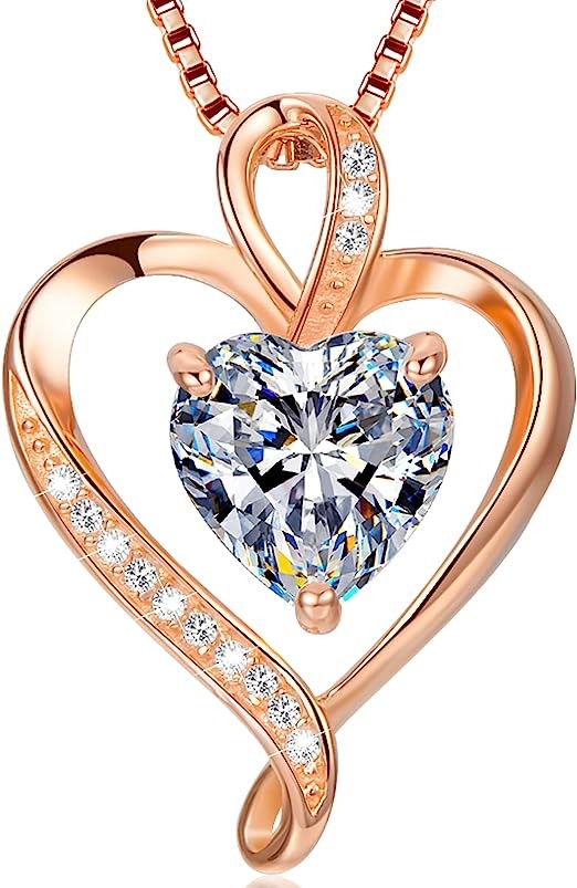LAVUMO Heart Necklaces for Women 925 Sterling Silver Pendant Jewelry Necklace Silver Rose Gold Love Birthstone Necklace for Her Girlfriend Wife Valentines Day Birthday Women Jewelry Gifts 18"+2"