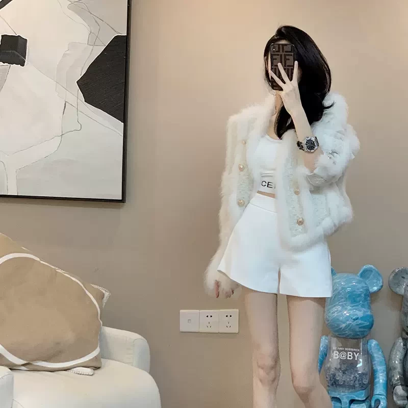 Fumao Stitching Tweed Xiaoxiang Fashion Wind Coat Light Luxury Metal Buckle Ladies White Temperament Autumn and Winter Coat Women