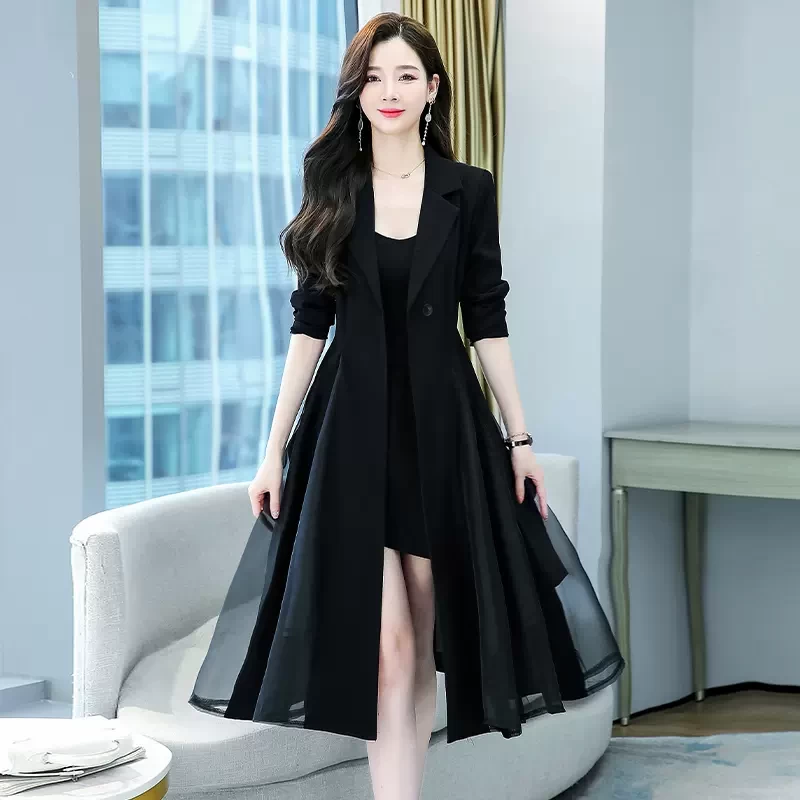 White long-sleeved high-end luxury windbreaker dress early autumn small temperament celebrity banquet dress high-end sense