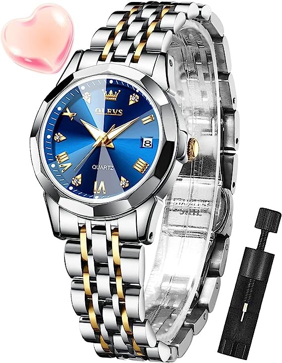 OLEVS Silver Watch Women's Analog Quartz Diamond Fashion Elegant Dress Women's Watch Stainless Steel Two Tone Date Watch Waterproof Luminous