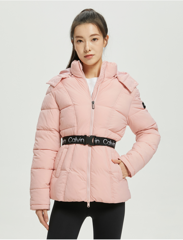 Calvin Klein autumn and winter women's fashion LOGO webbing buckle waist warm hooded quilted jacket