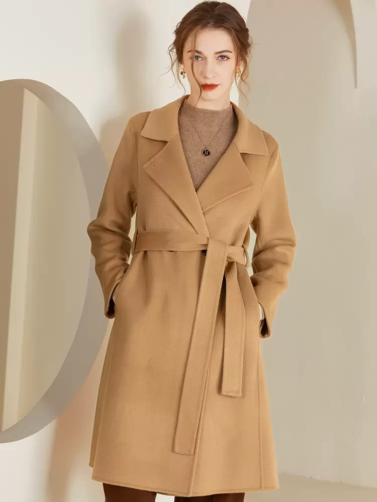 Belt style woolen double-sided woolen coat women's mid-length autumn and winter new style woolen coat temperament suit collar slim