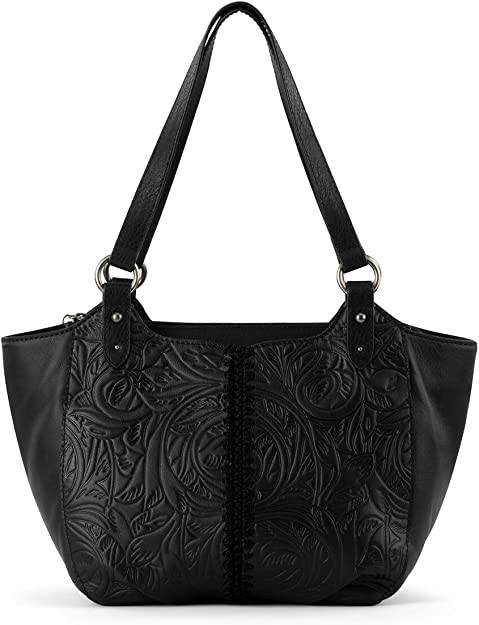 Sak Bolinas leather satchel black leaf embossed blue indigo light tobacco leaf embossed stone color