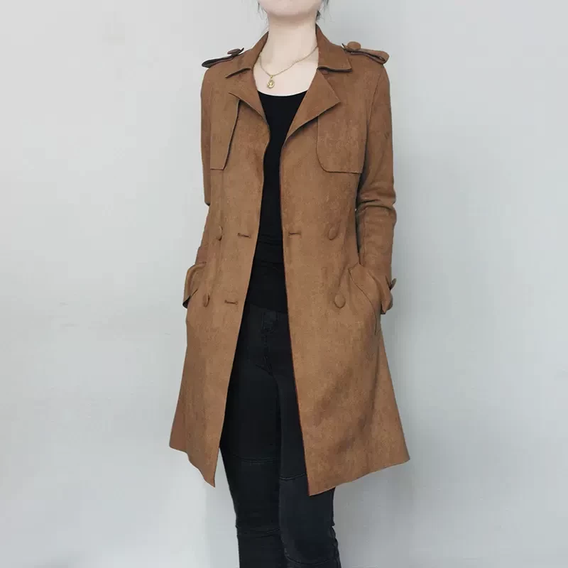 Suede windbreaker women's spring and autumn new mid-length small temperament jacket jacket slim fit drape