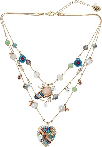 Betsey Johnson Braided Mixed Multicolor Beaded Flower Heart Fantasy Necklace, Metal Plastic Glass