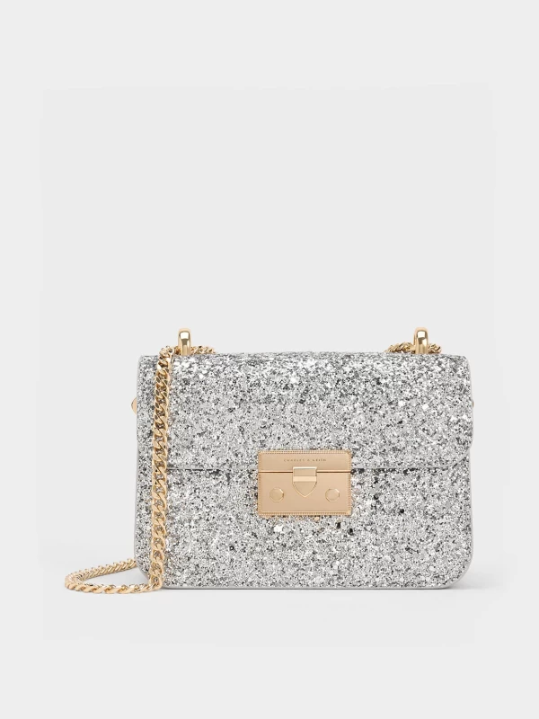 Glitter Chain Shoulder Bag - Silver